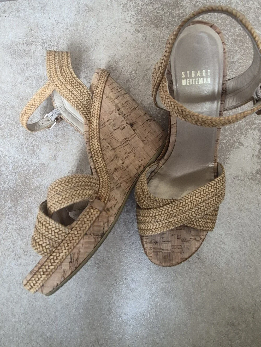 Stuart Weitzman Minx Camel Woven Cork Wedge Sandals Size 7.5 - Picture 15 of 16